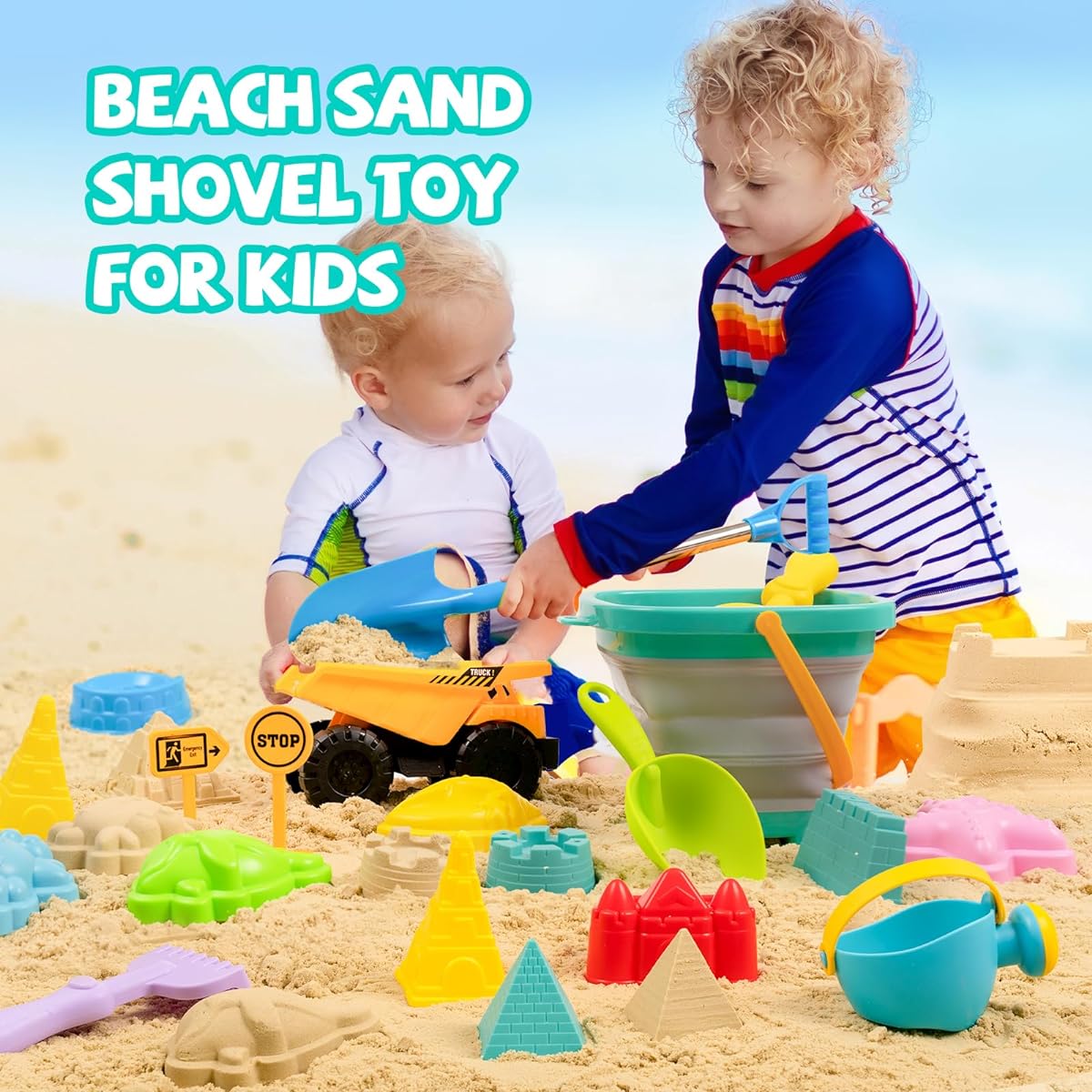 Beach Toys Sandbox Toys with Truck, Foldable Sand Bucket, Large Stainless Steel Shovel Toy, Sand Castle Kit, Animal Shapes, Shell Mesh Bag, Travel Summer Outdoor Toys for Kids Toddlers Boys Girls Ages 3+