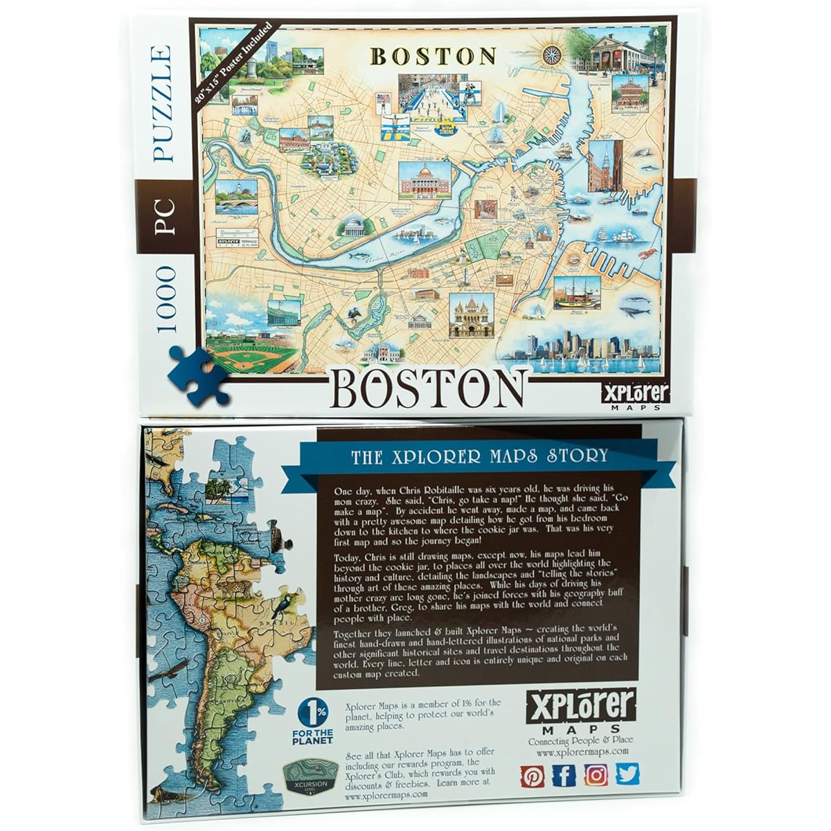 Boston City Map Cardboard Jigsaw Puzzle - 1000 Pieces, Hand-Drawn - Educational, Family Activity, Ages 7+, Includes Poster - 25.4 x 19.8