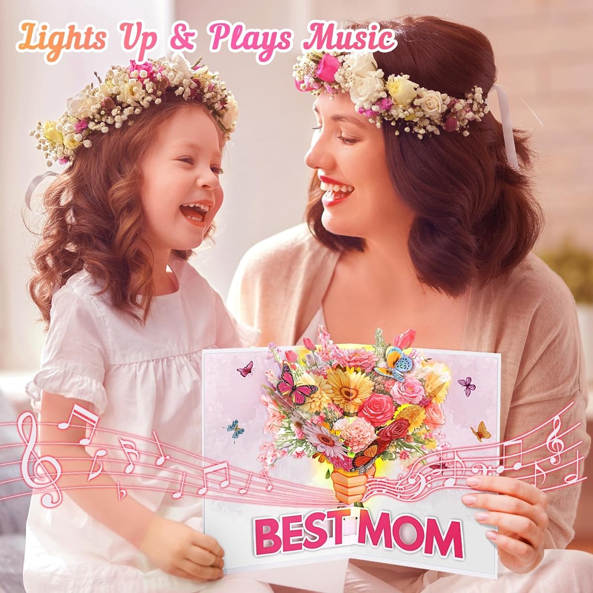 FITMITE Mother's Day Card Light & Music Pop Up Happy Mother's Day Card with Flower Bouquet, Ideal Gift for Mom, Wife, Grandma
