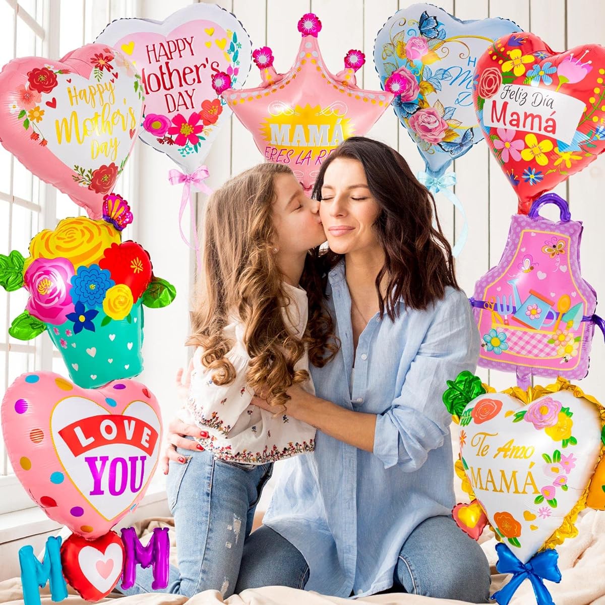 12pcs Mother's Day Balloons Happy Feliz Dia Mama Foil Balloons Mother's Day Heart Mylar Balloons Best Mom Ever Mom Party Birthday Decoration Supplies