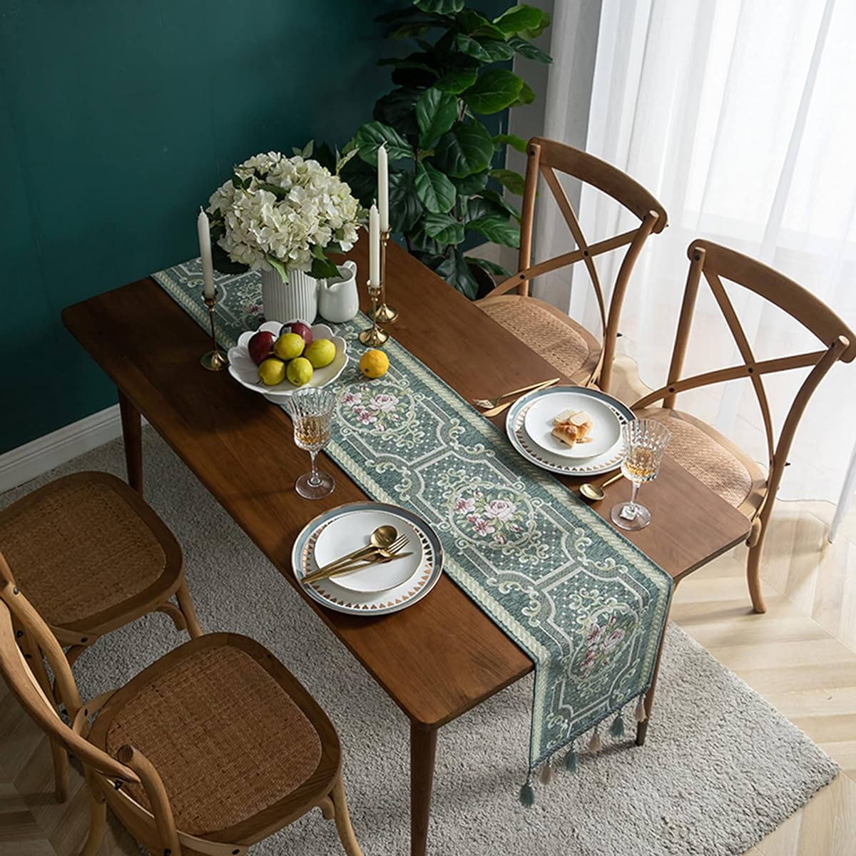 Table Runner Floral Table Flag Dining Table Runner Tablecloth with Tassels Stain Resistant Insulated Non-Slip Easy to Clean Stylish Table Flag Washable Dining Table Decoration Interior Wedding Style 1 Party 35*200cm Home Decoration
