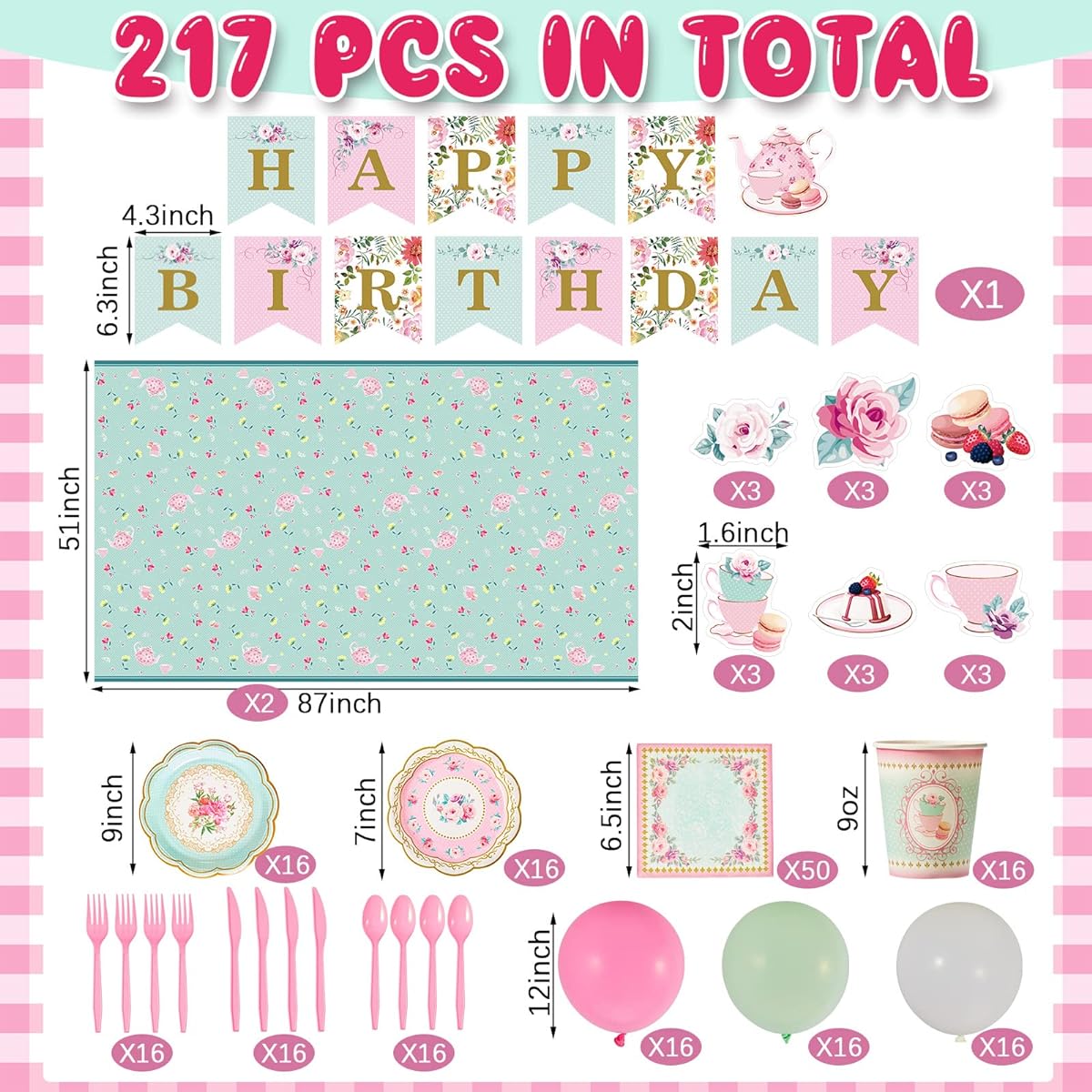217 Pieces Floral Tea Party Decorations Happy Birthday Tea Party Supplies Tea Set Women Tea Party Girls Wedding Birthday Decoration