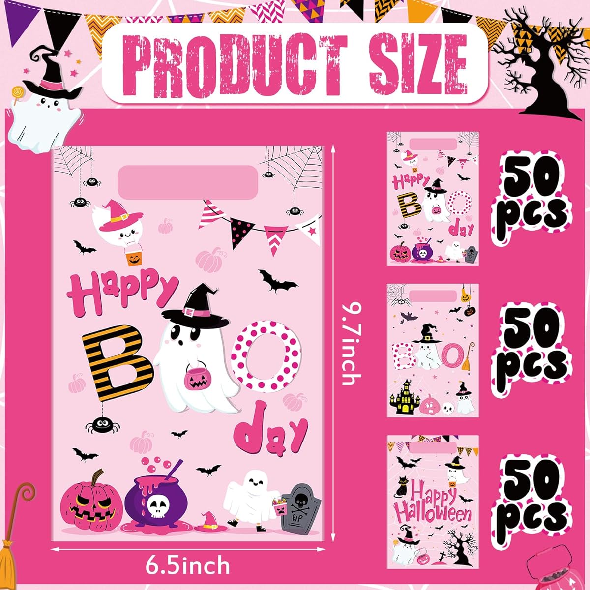 Sweetude 150pcs Little Boo Plastic Bags Pink Halloween Little Boo Goodie Bags Trick or Treat Candy Gift Bags for Halloween Party Kids Theme Birthday Baby Shower Party Favors