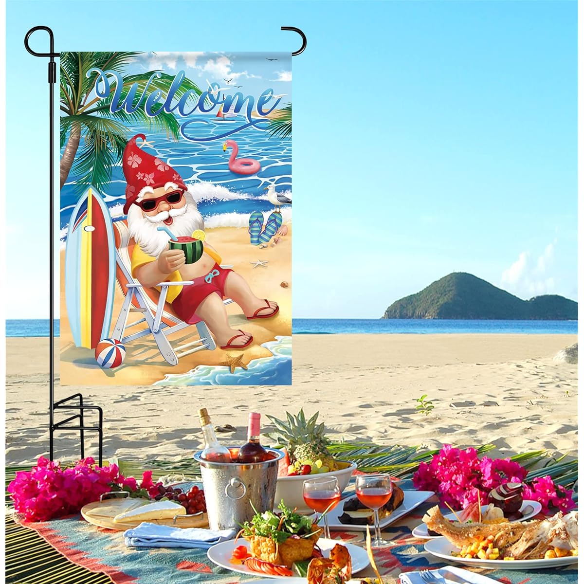 wondever Welcome Summer Beach Gnome Garden Flag 12x18 Double Sided Vertical Burlap Beach Theme Garden Flag Farmhouse Style Pool Garden Holiday Outdoor Flag Decor