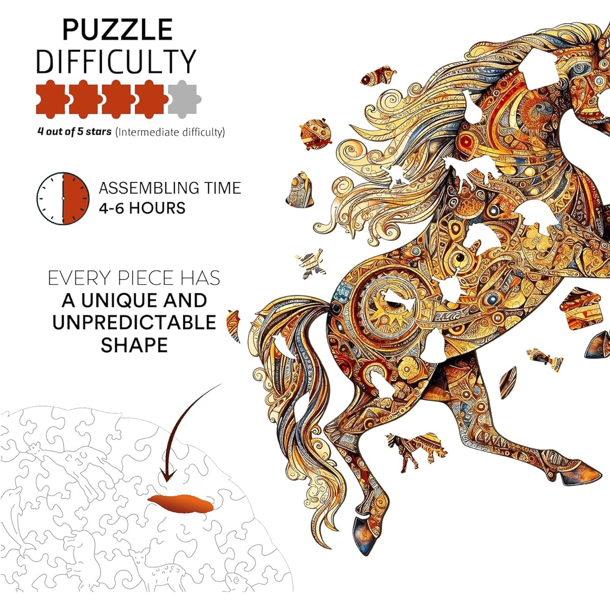 Jigfoxy Wooden Puzzles for Adults Horse Wooden Jigsaw Puzzle for Adults Unique Animal Shape Woodcut Puzzle for Family Friends (Large-7.8x7.4inch-300 Pieces)