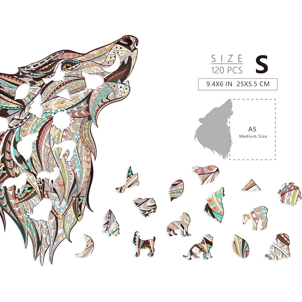 TAMUJIA Wooden Jigsaw Puzzle for Adults Beautiful Unique Family Howling Wolf Animal Shape Puzzle 120 Pieces Best Gift for Adults and Kids Small Size 25x15.5cm