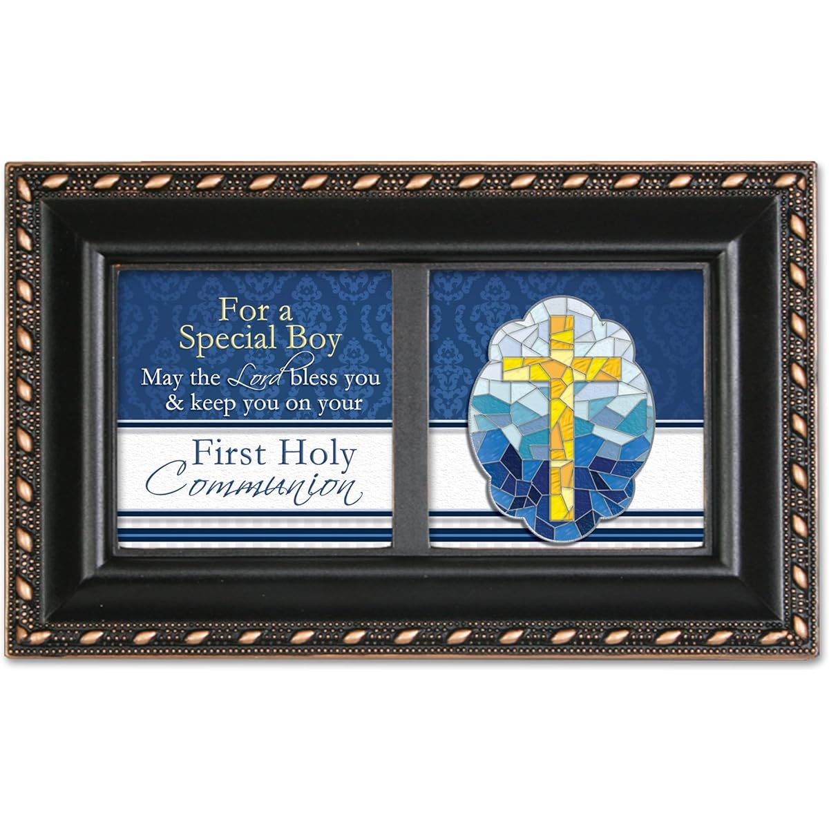 First Communion Special Boy Small Black with Gold Trim Rosary Music Box Plays Handel Hallelujah
