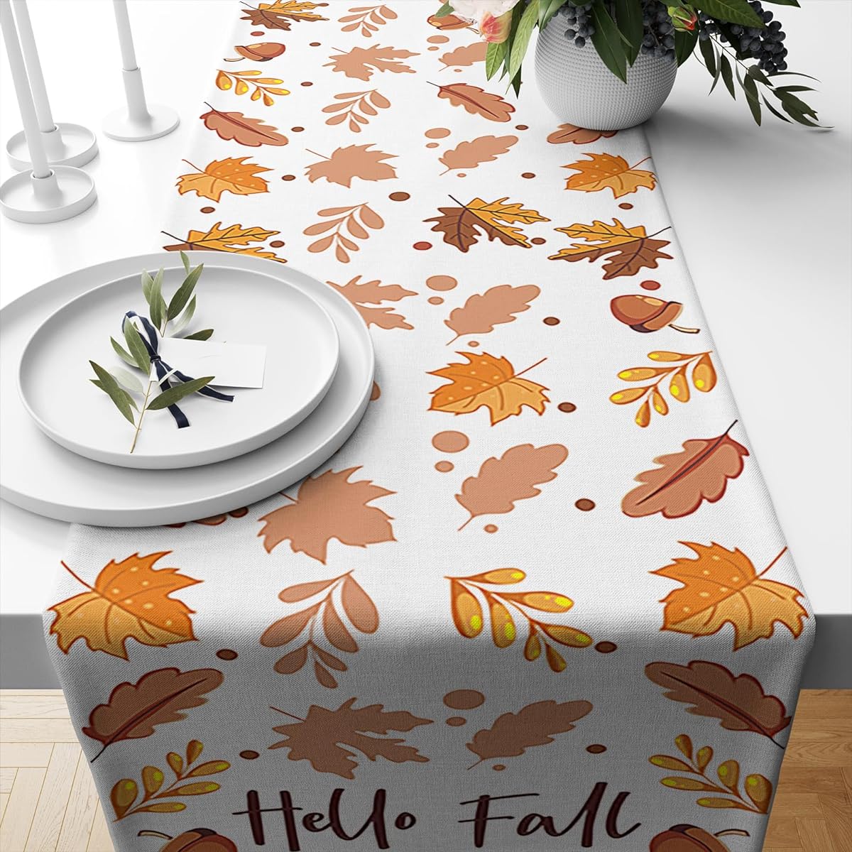 Hello Fall Maple Leaves Table Runner Seasonal Farmhouse Thanksgiving Kitchen Dining Table Decor Indoor Outdoor Home Party Decor 13 x 48 inches Length