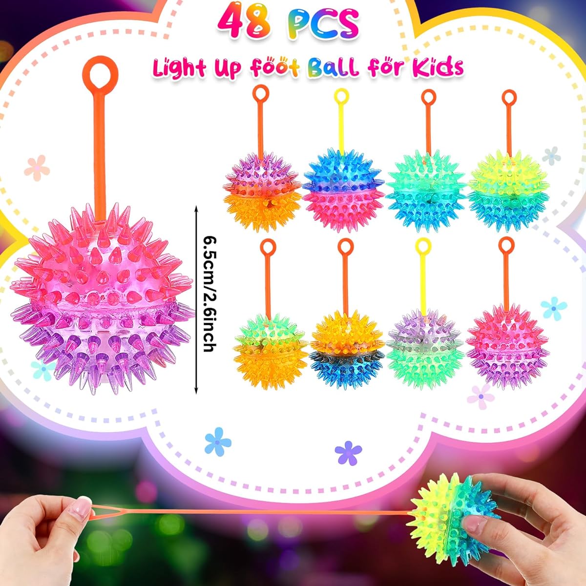Wettarn 48pcs 2.6" LED Light Up Balls with Rope, Luminous Spiky Bouncy Balls, Bulk Multicolor Rubber Puffer Balls, Carnival Prizes for Parties, Adults, Fidget Sensation, Stress Relief