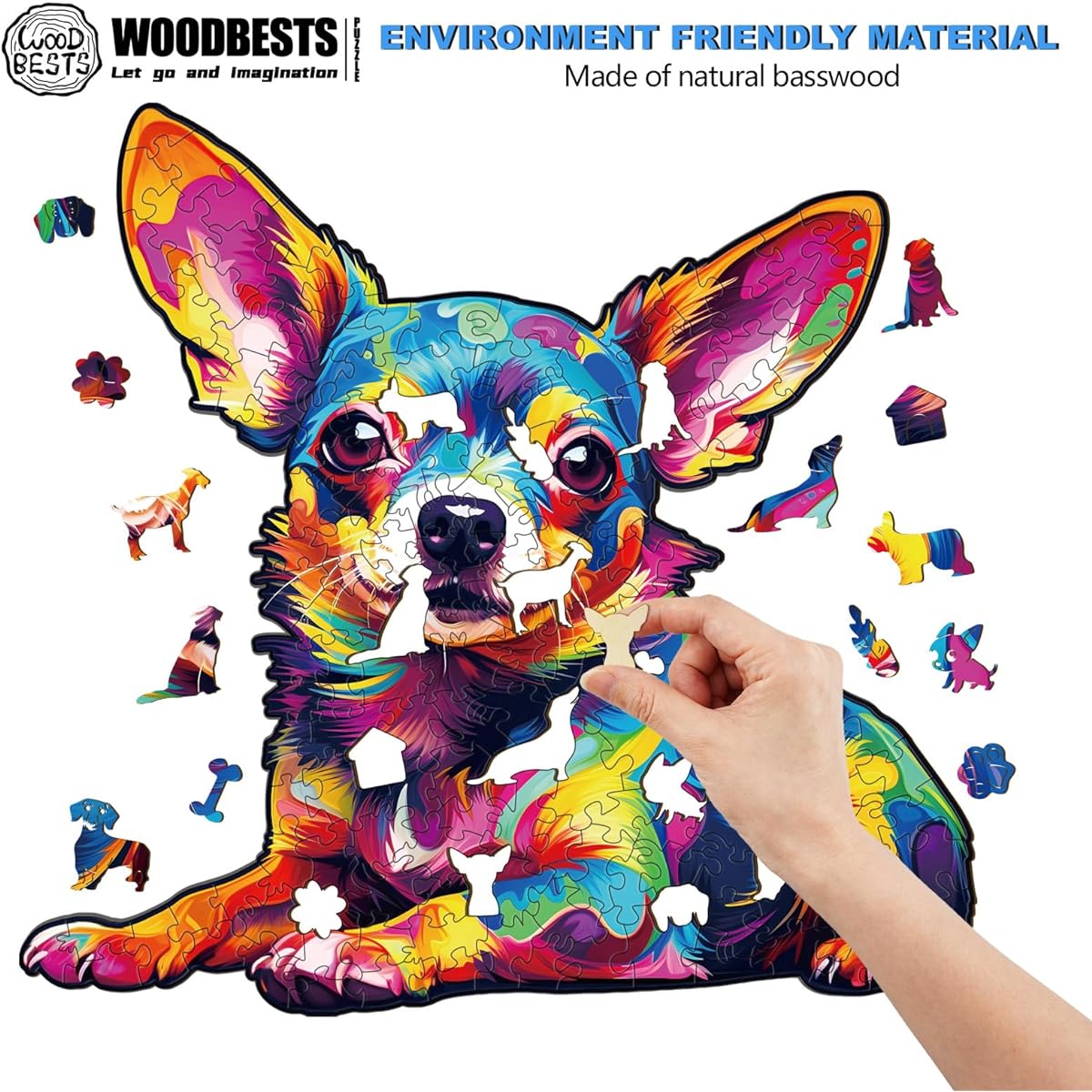WOODBESTS Wooden Puzzles for Adults Colorful Chihuahua Puzzle (Medium, 170 Pieces 11.4"x10.9") Wooden Puzzles for Adults Wooden Jigsaw Puzzles Unique Shape Birthday Gifts for Adults and Kids Family Games