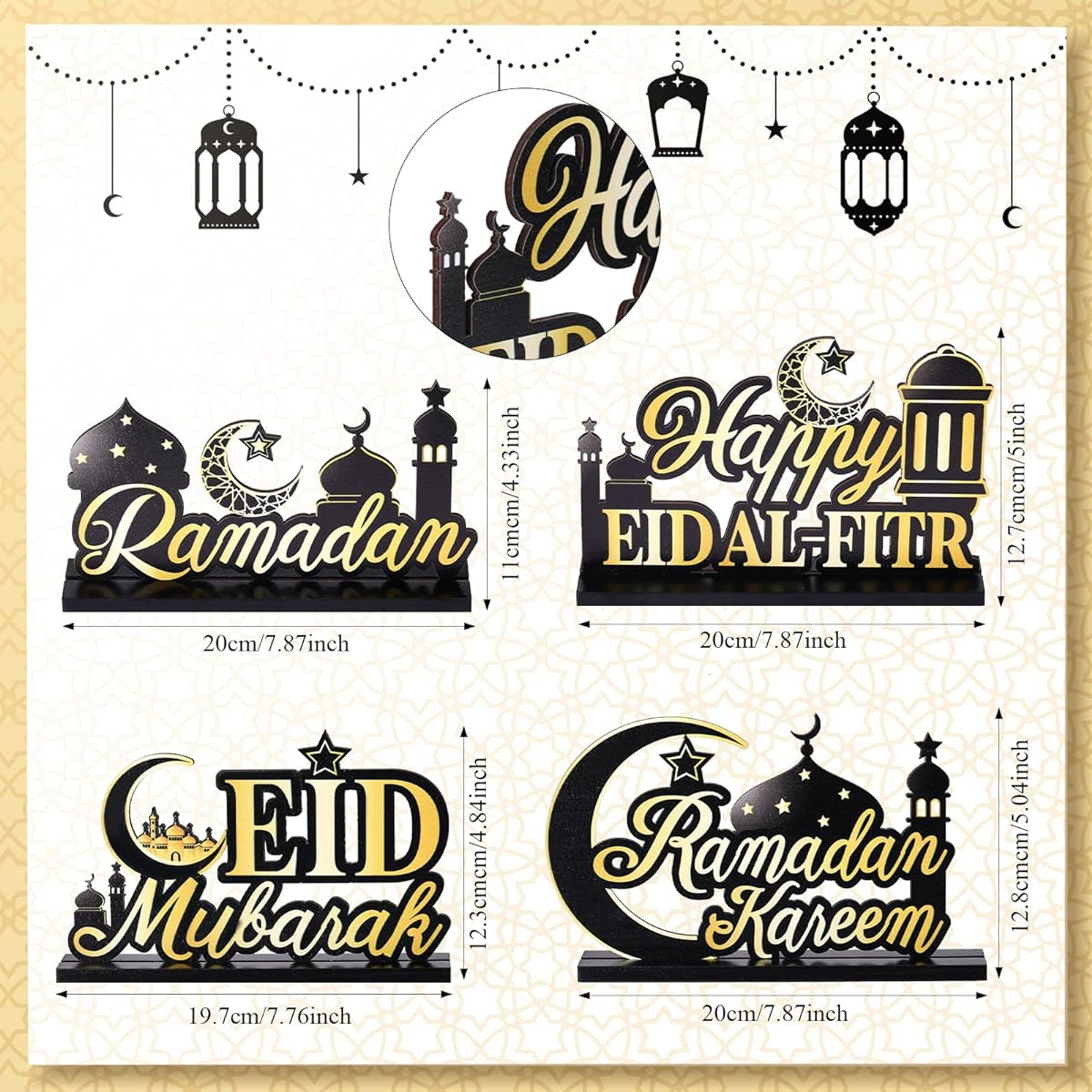 Happy Eid Mubarak Party Decorations Ramadan Table Centerpieces Eid Mubarak Table Letters Ramadan Wooden Plaques Ornaments Muslim Keepsake Pendants Home Eid Al Fitr Supplies(Fresh, 4pcs)