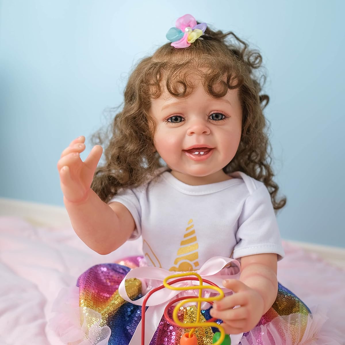 ROSHUAN Realistic Baby Reborn Doll Silicone Full Body Girl Reborn Doll Real Baby 22 Inch Reborn Doll Teeth and Smiling Face Curly Hair for Girls