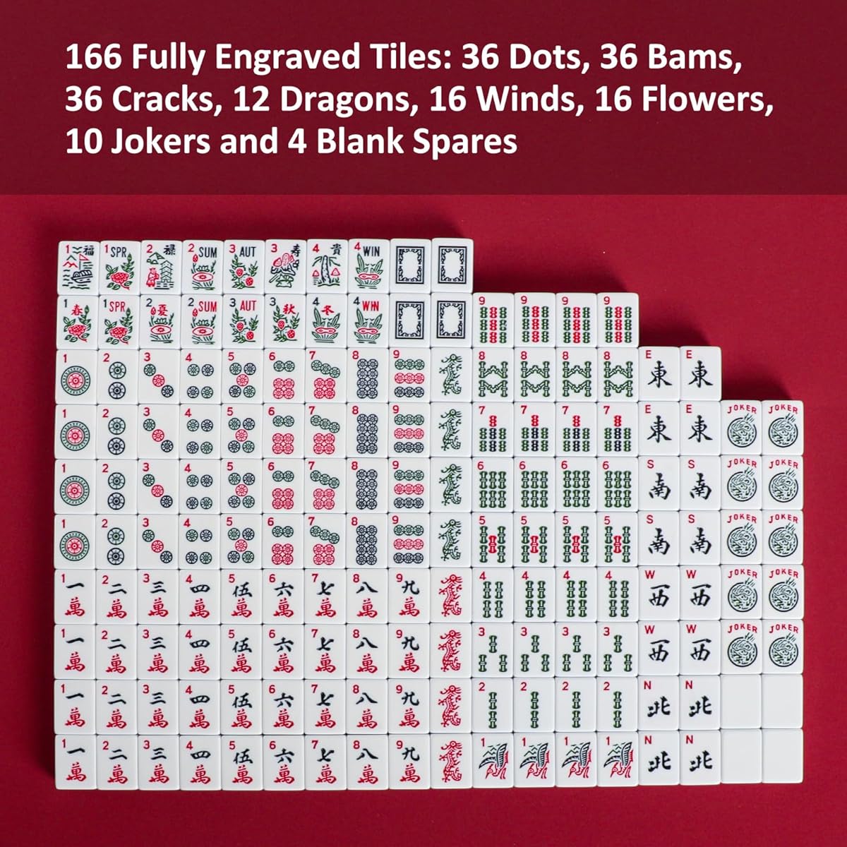 Jongyance American Mahjong Set, Red Paisley Carry Bag, 166 Mahjong Tiles, All-in-One Rack/4 Pushers, 100 Chips, 1 Wind Indicator, Ma Jong Set with English Manual