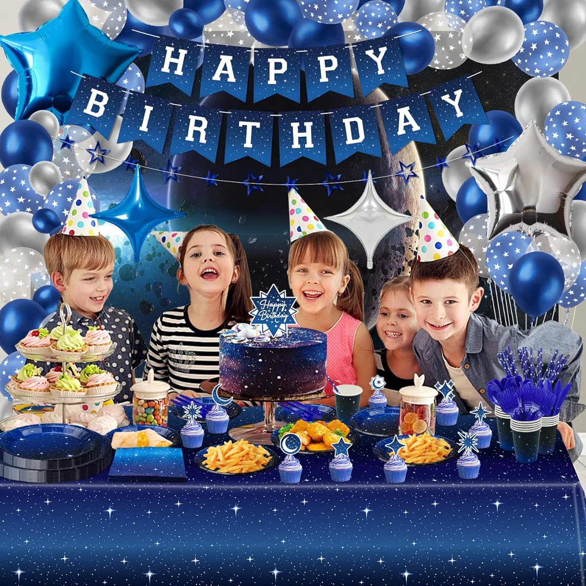Outer Space Galaxy Party Supplies Starry Night Tableware Set Space Happy Birthday Banner Stars Balloons Moon Garland Outer Space Tablecloth Galaxy Planet Theme Birthday Party Decorations for 20 Guests