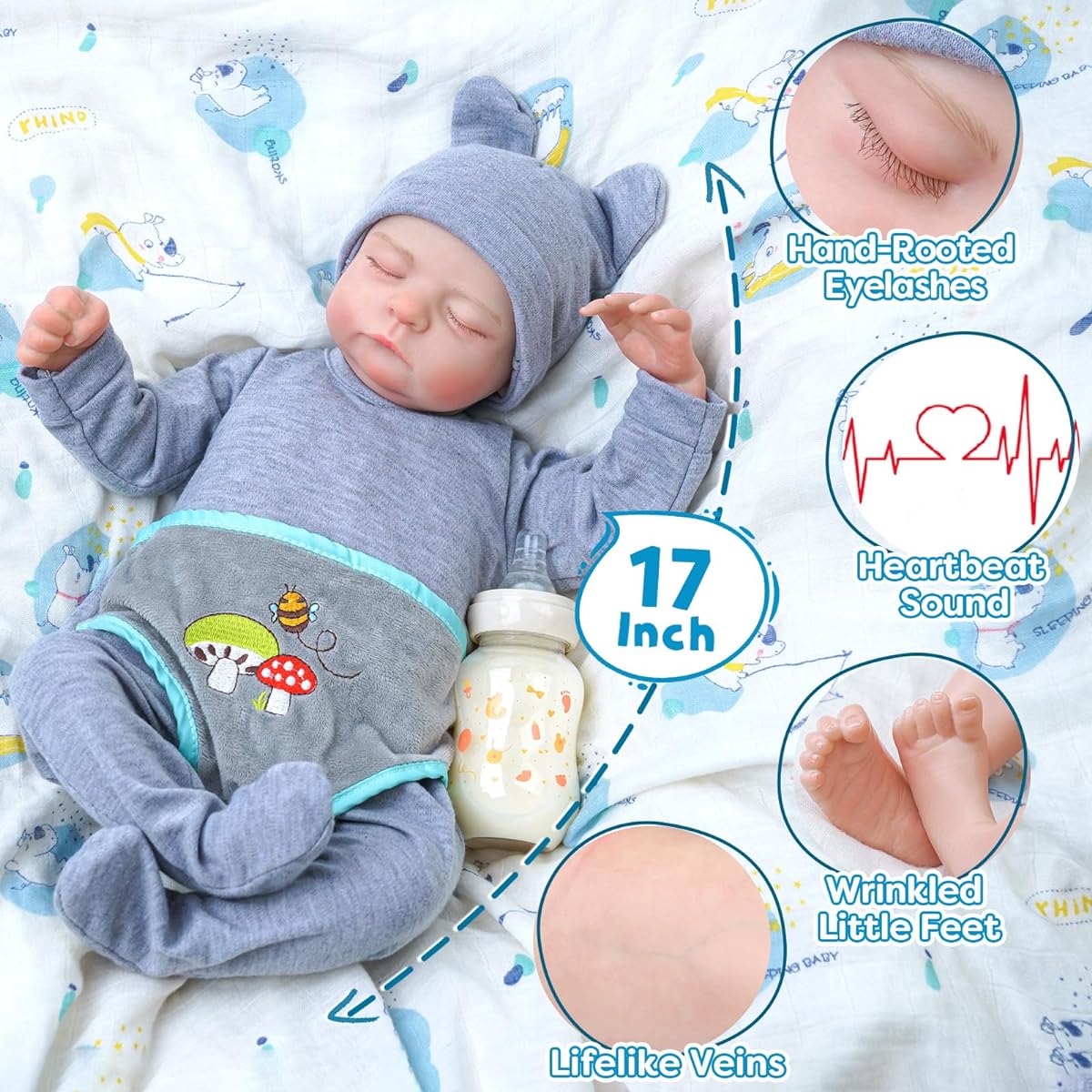 JIZHI Lifelike Reborn Baby Doll with Beats and Sounds 17" Realistic Newborn Doll Soft Body Baby Girl with Feeding Kit for Ages 3+