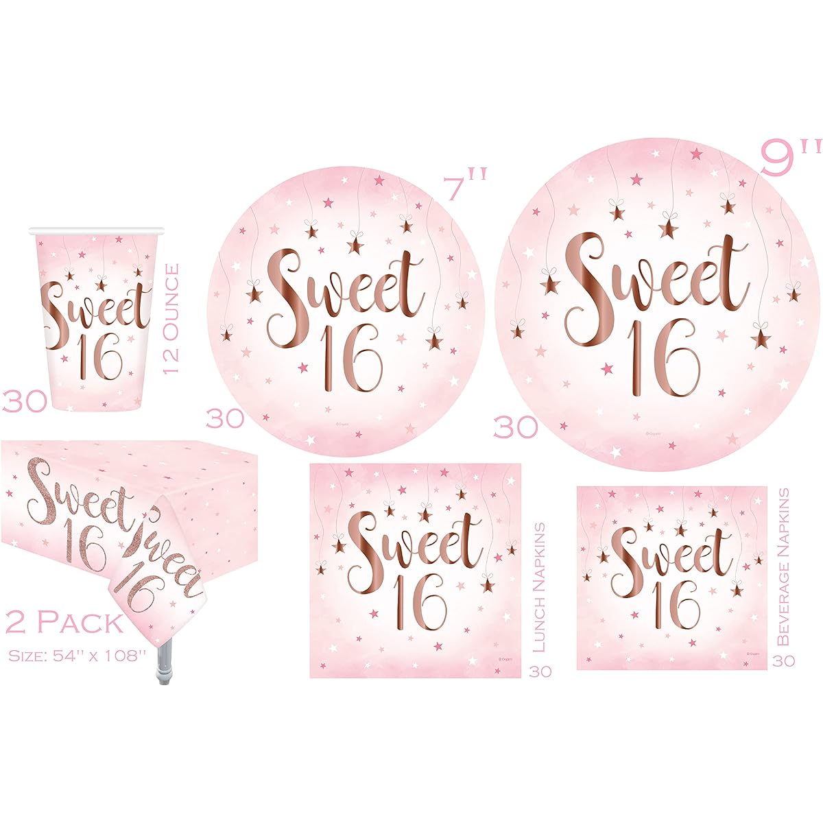 | Rose Gold Foil Theme | 9" Dinner Paper Plates | 7" Dessert Paper Plates | 12oz Cups | 60 Napkins | Balloons | Banners | Fringe Curtains | Candles | Confetti | Cupcake Toppers | Cake Toppers | Perfect for Sweet 16 Birthday Party Celebration Decorations