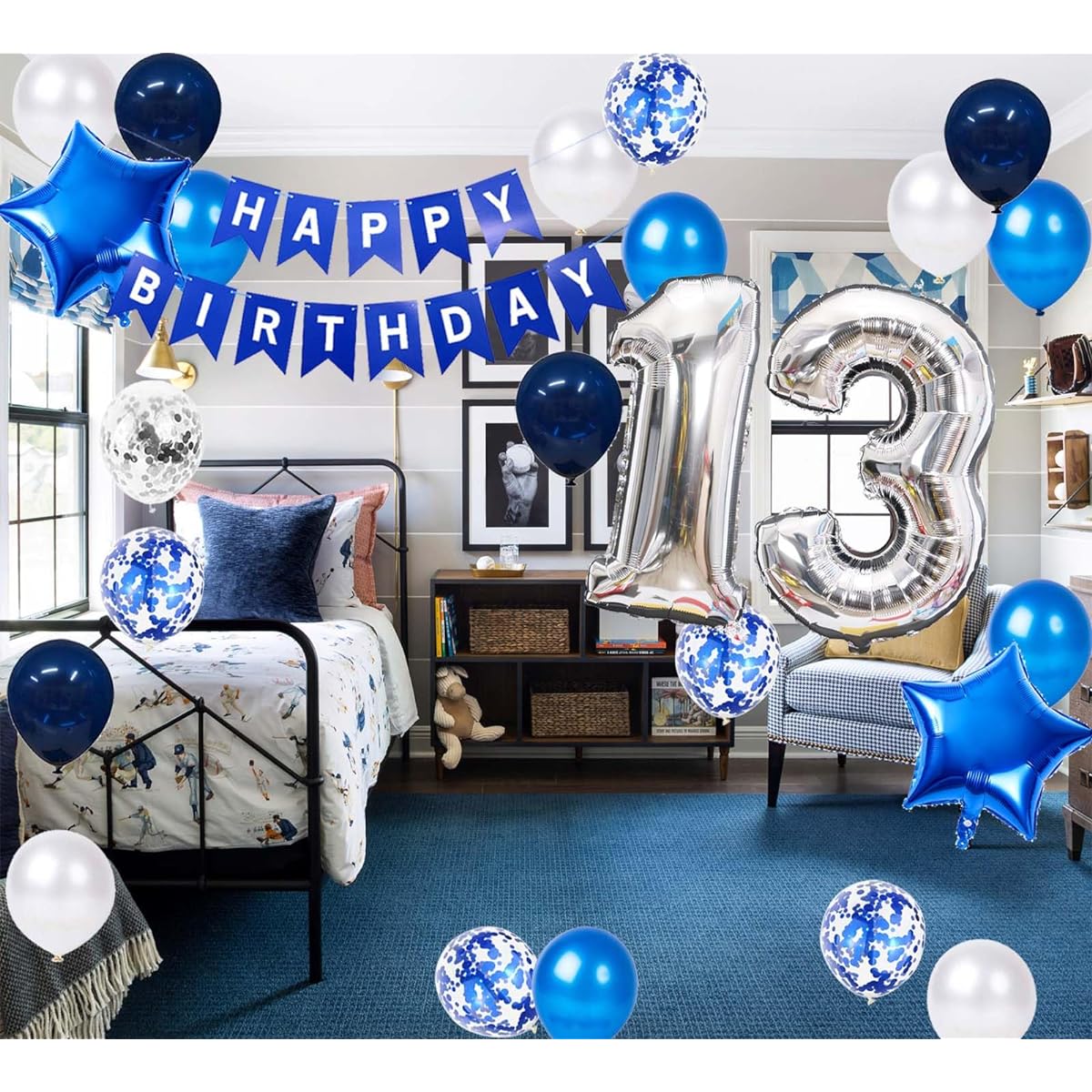 13th Birthday Party Decorations for Boys, Happy Birthday Banner, Blue Number 13 Birthday Balloons, 13th Birthday Latex Confetti Balloons, 13 Years Old Teenager Boy Son 13th Birthday Supplies (13 Years Old)