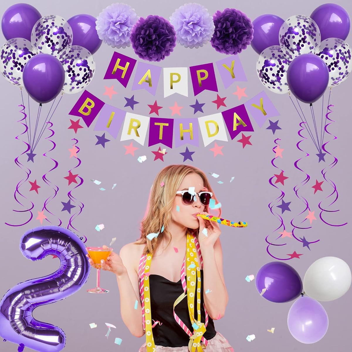 NANINUNENO 15th Birthday Decorations for Girls, Purple 15 Happy Birthday Balloons Essentials Purple Happy Birthday Banner, Purple 15 Number Balloons, Purple Pink Star Streamer, Hanging Swirls