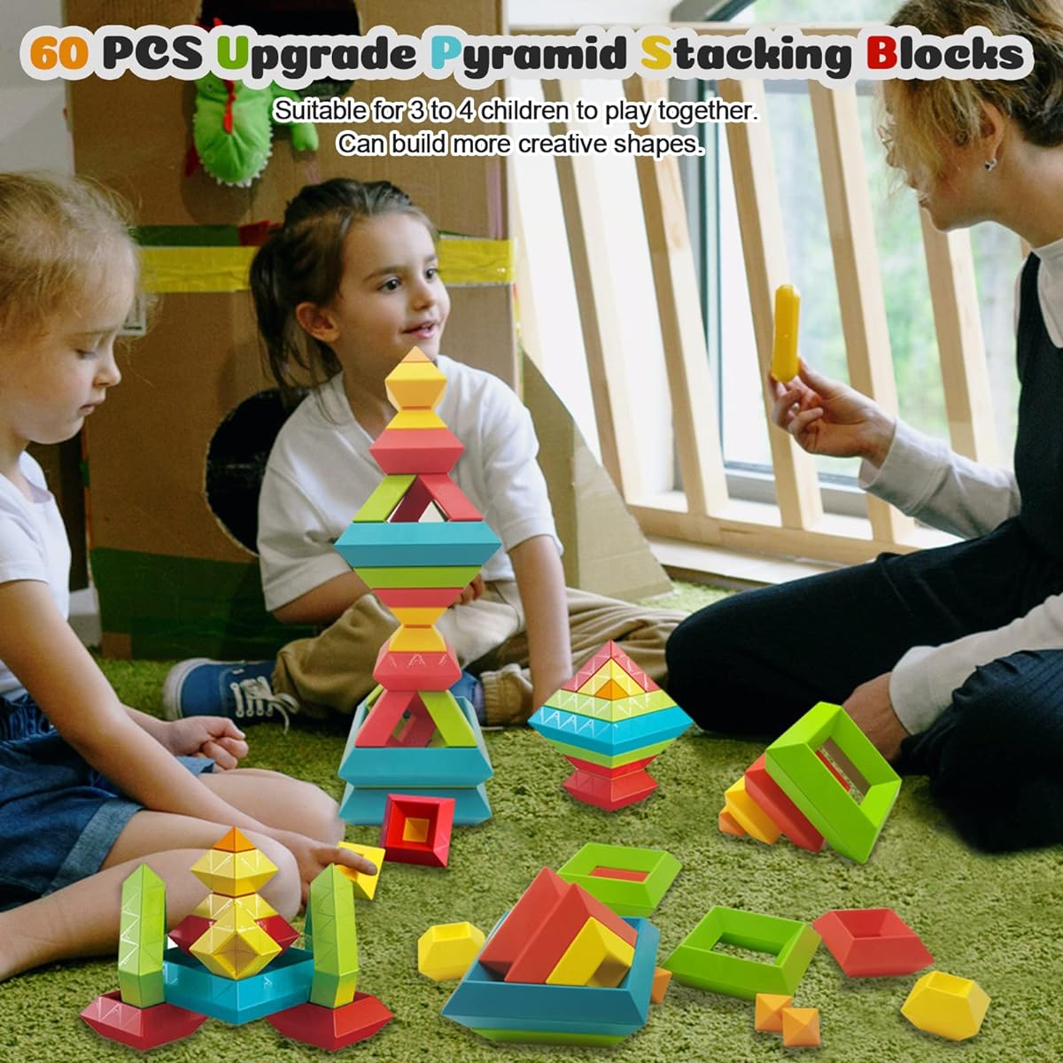 Montessori Toys for Ages 1 2 3 4 5 6 60 Pieces Stacking Toys Building Blocks for Toddlers 1-3 3-5 Stem Preschool Education Fine Motor Sensory Pyramid Learning Activities Ages 2-4