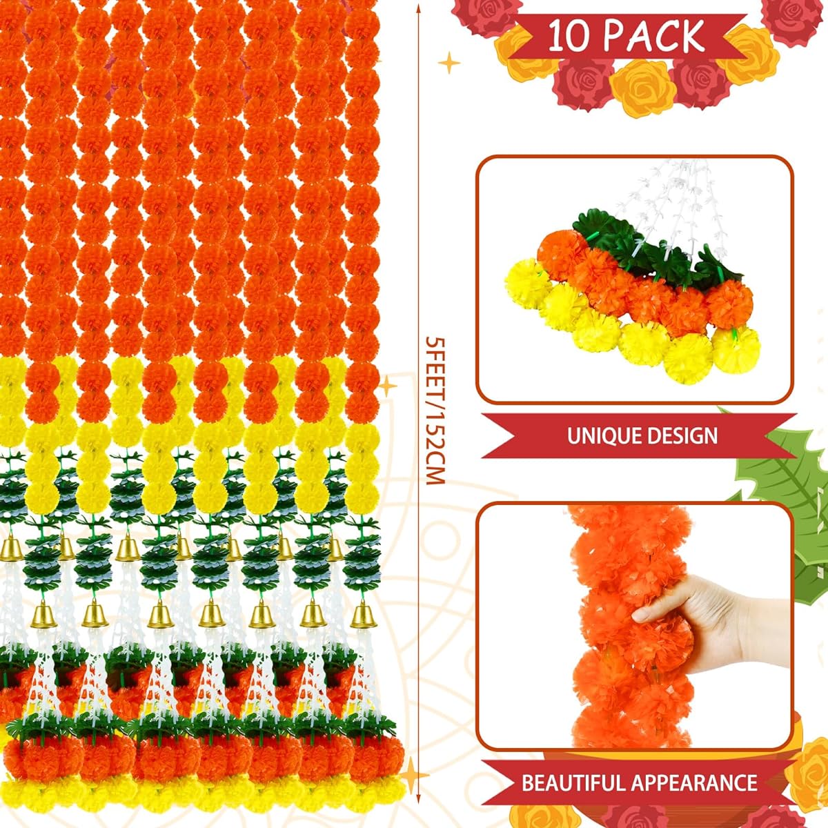 Lyrow Marigold Garland 5ft Length 10 Pack Artificial Marigold Flowers Fake Flower Garland Decoration Indian Wedding Decoration Flower Garland for Puja Diwali Christmas Event Diwali Light Orange