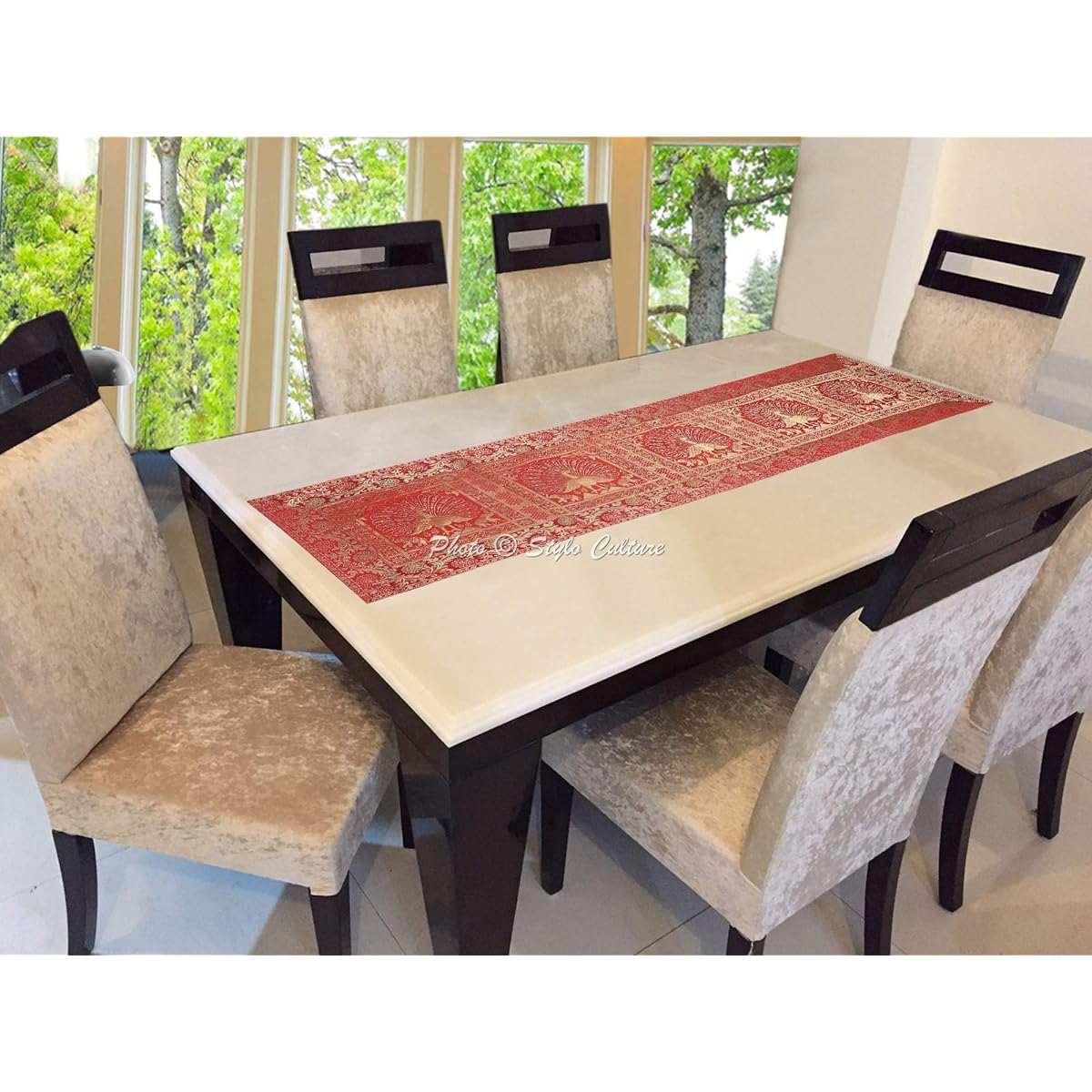 Stylo Culture Bohemian Dining Table Runner Red Gold Dancing Peacock Floral Brocade Jacquard Rectangle Home Decor Indian Coffee Tablecloth | 60x16 Inch (152x40cm)