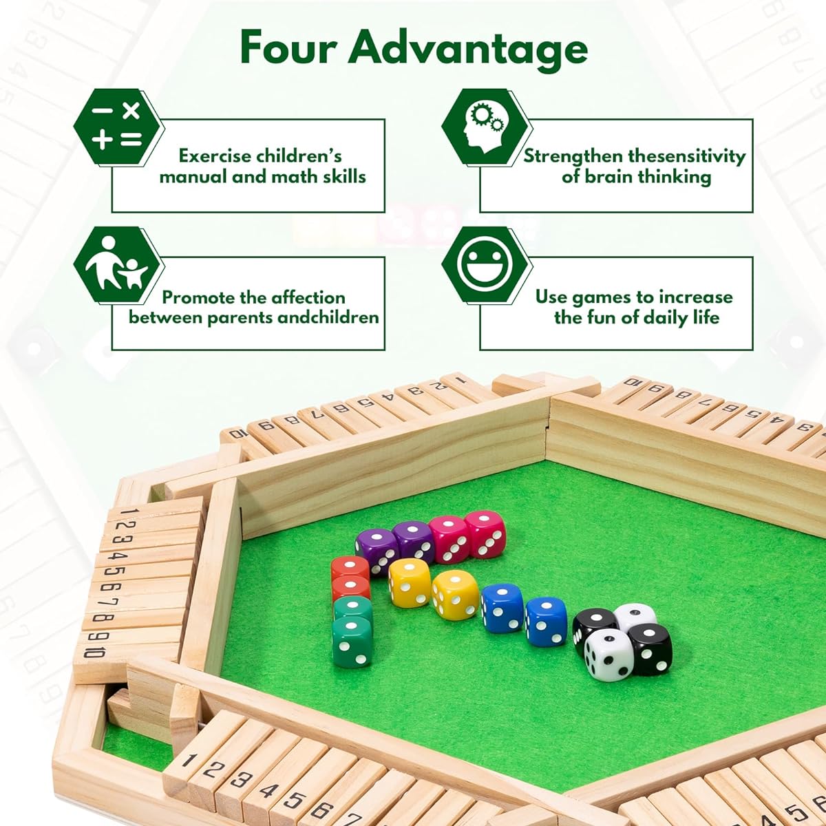 Large Wooden Shut The Box Game & Toy Set - Math Dice Game for 1-6 Players, Portable Family Fun for Kids and Adults, Includes 16 Dice