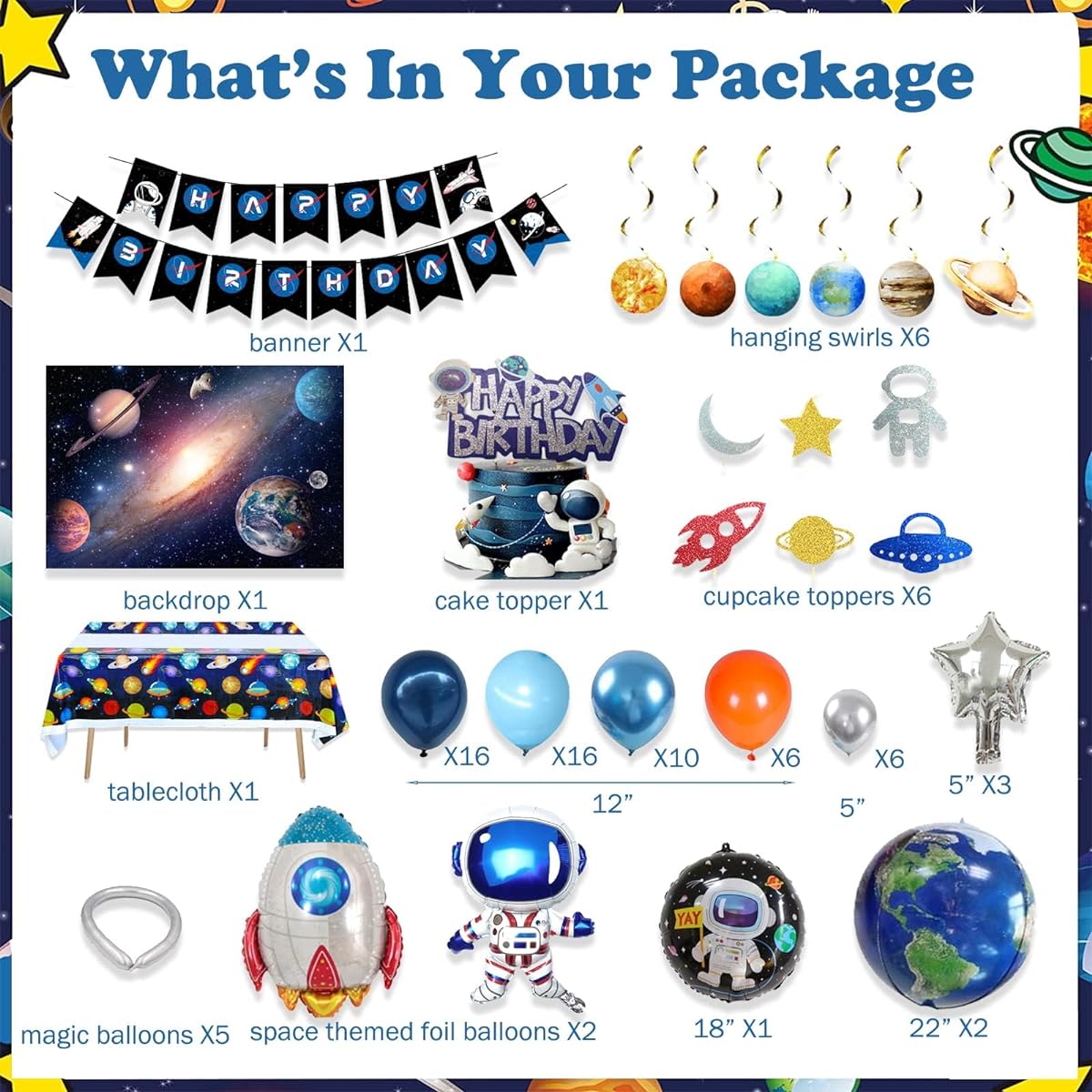 Hombae Space Birthday Party Decorations, 83 Pieces Outer Space Galaxy Birthday Decorations Backdrop Balloons Garland Hanging Swirl Banner Tablecloth Cake Topper Solar System Planets Astronaut Rocket Blue