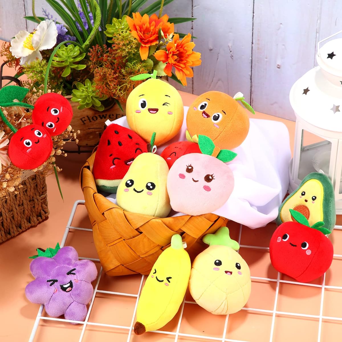 12 Pieces Cute Fruit Stuffed Animals Colorful Plush Toys Soft Mini Avocado Strawberry Orange Pineapple Peach Lemon Plush Toys for Kids Keychain Handbag Pendant Birthday Christmas Easter Party Favors