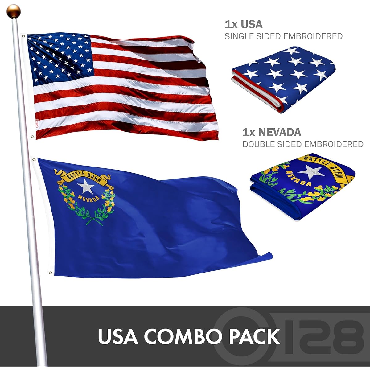 G128 Combo Pack: American Flag 3x5ft with Stars and Nevada State Flag Embroidered 3x5ft Embroidered Double Sided 2 Layers