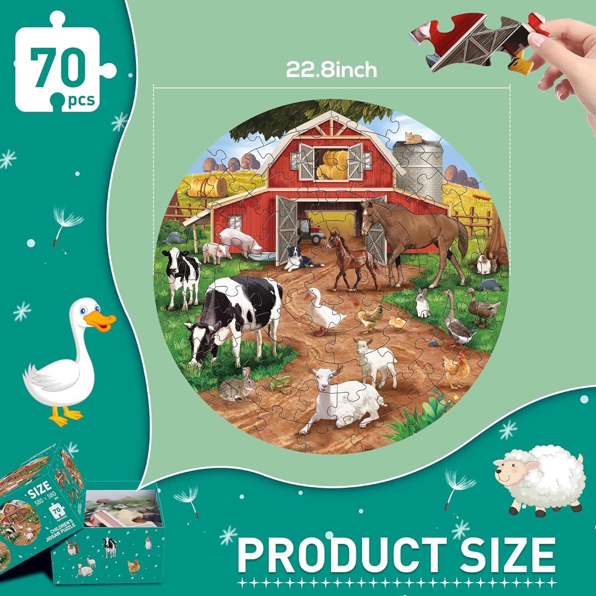 TingingYuli Farm Animals Round Jigsaw Puzzle Jumbo Floor Puzzle for Kids Large 70 Pieces Barn Puzzle for Toddlers 3-5 Years Old Preschool Learning Education Christmas Birthday Gift for 4-8 Years Old Boys Girls, 80801