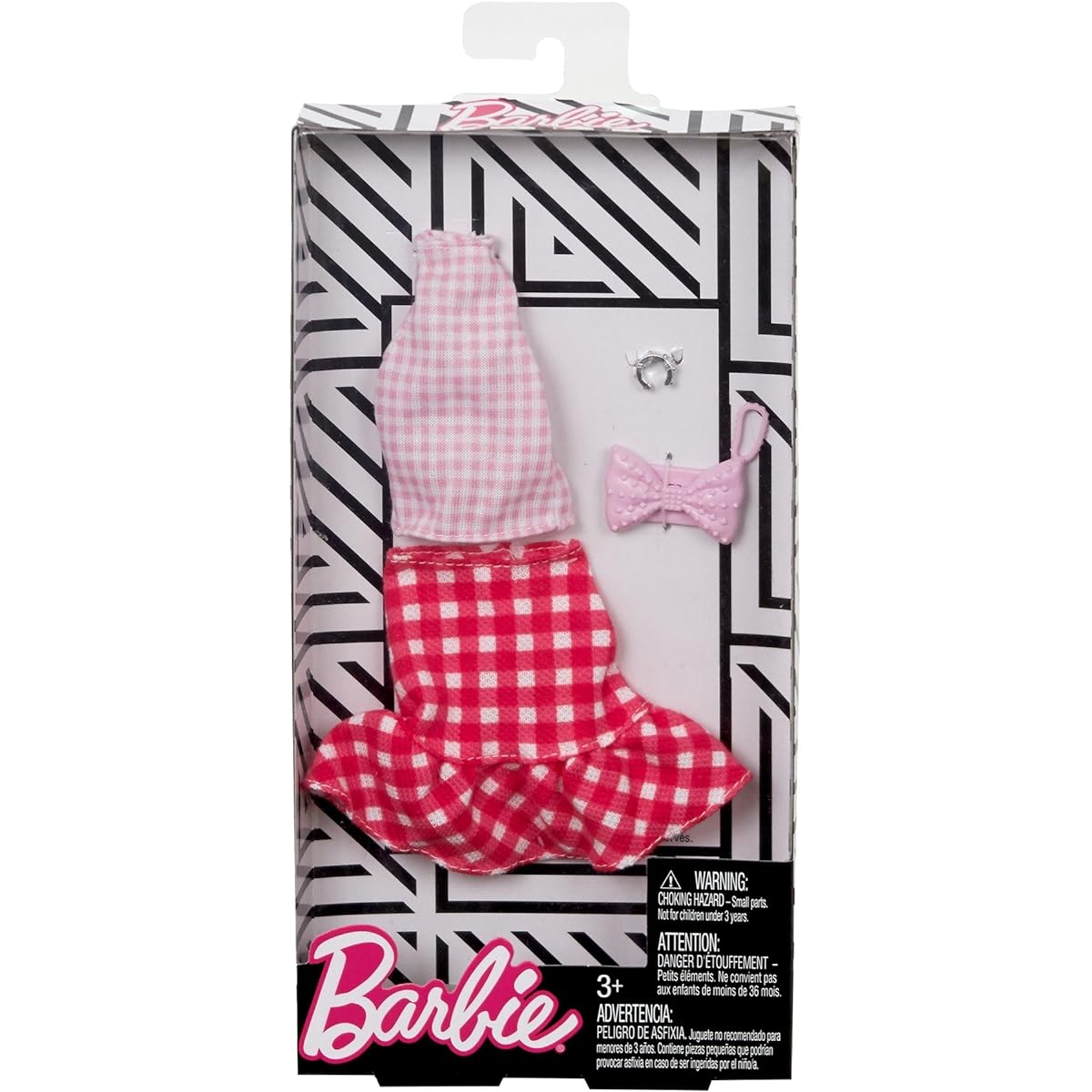 Barbie complete set gingham check skirt and pink top