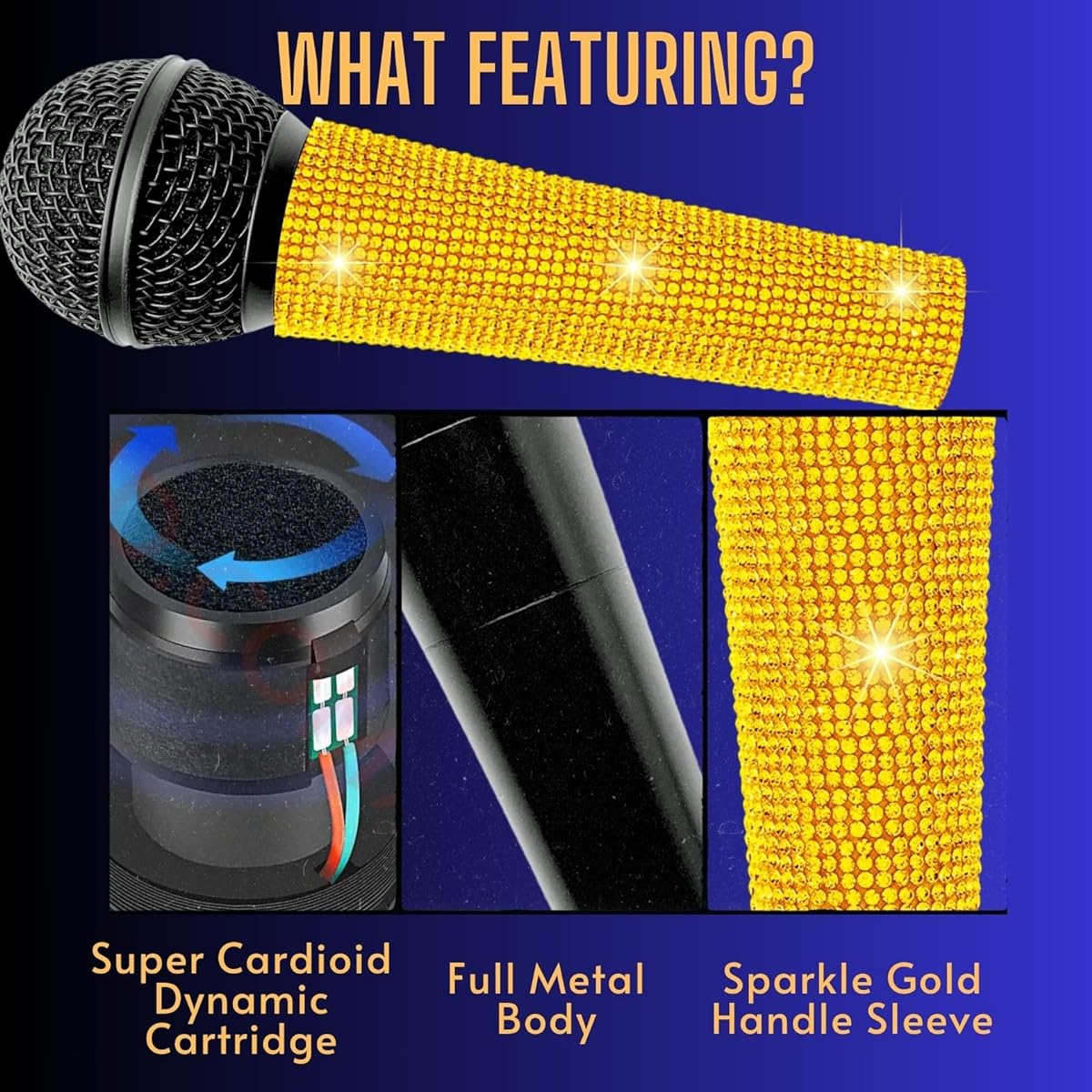 RhymKawa 58 Vocal Microphone with XLR Cable, Black Die-cast Body, Shiny Gold Handle Sleeve for KTV, Singing, DJ, Church, Presentation, Recording