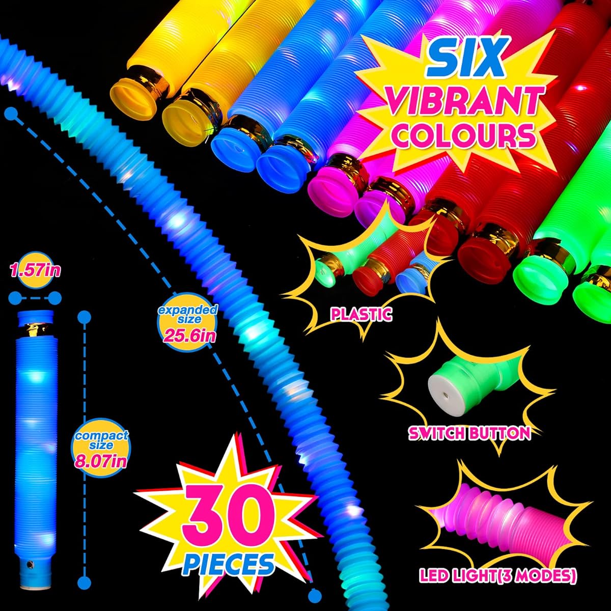 30 Pieces Light Up Fidget Tubes Sensory Toys 6 Colors Light Up Sensory Toys Tubes Party Favors Fidget Tubes Glow Sticks Birthday Party Supplies Stocking Stuffers Glow in the Dark