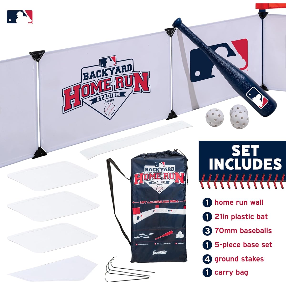 Franklin Sports MLB Kids Backyard Baseball Stadium - Kids Plastic Baseball Set, Home Run Wall, Plastic Baseball Bat, Plastic Baseball Ball + Throwdown Base - 14' Fence for Backyard Diamond