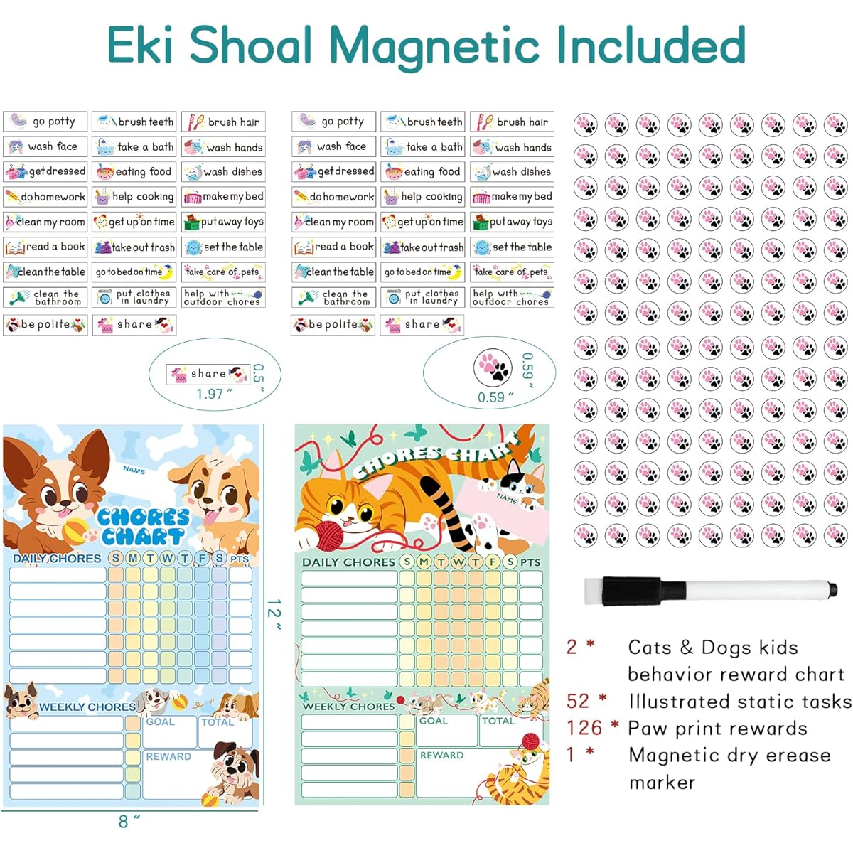 EkiShoal Children's Chore Chart Magnetic Set (Dog and Cat) - Reward Chart for Kids Good Behavior Chart for Kids at Home My Responsibility Chart for Kids Magnetic Reward Chart for Kids Behavior