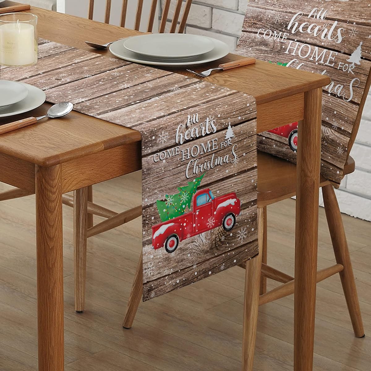 Christmas Red Truck Table Runner Cotton Linen Winter Dinner Scarf Decorative Long 90 Inch Holiday Christmas Tree Dresser Scarf Farmhouse Coffee/Dining Living Room Table Runner Heart Comes Home for Christmas
