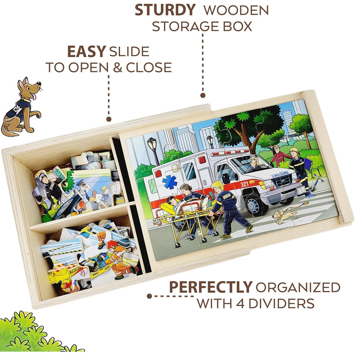 TOYLI 4-in-1 Emergency Vehicle Jigsaw Puzzle, 48 Pieces Wooden Truck Puzzle for Little Kids with Box, Fire Engine, Ambulance, Develop Preschool Educational Activity Skills, Great Gift for Toddlers
