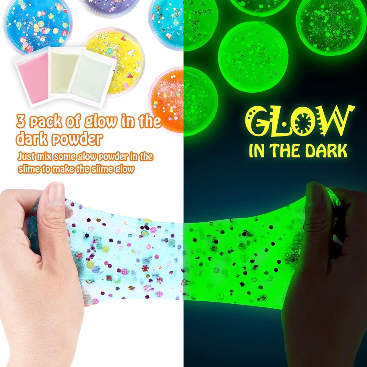 Slime Kit, Glow in the Dark DIY Slime for Kids, Theefun Art Craft Toy 126 Pieces Slime Supplies 24pcs, 6pcs Clay, 48pcs Glitter Powder, Best Gift Toy for Girls and Boys