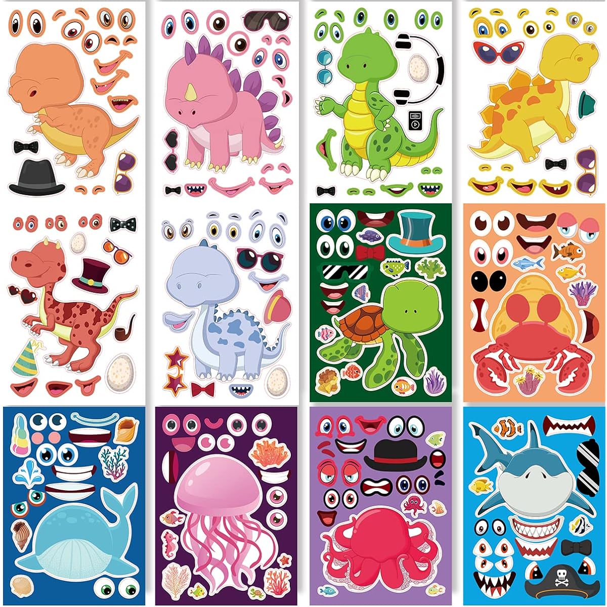 24 Sheets 8.27''×5.9'' Make Your Own Stickers for Kids Toddlers, Make a Face Stickers Mix and Match with Unicorn Dinosaur Hor
