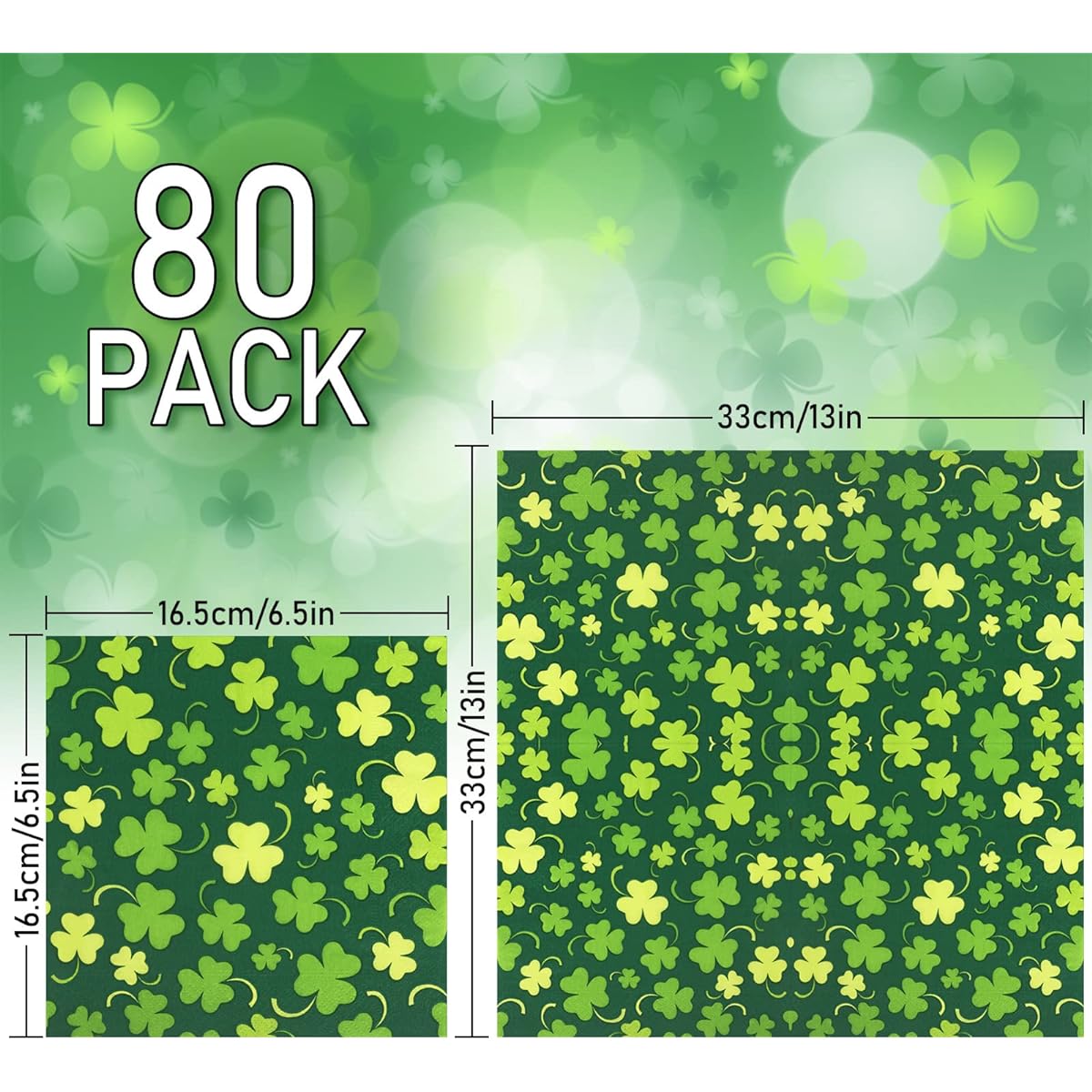 Whaline St. Patrick's Day Napkins - 80 Pack 6.5 x 6.5 Inch Green Shamrock Dinner Napkins, Lucky Clover Disposable Paper Napkins, Irish Holiday Table Decorations, Party Supplies