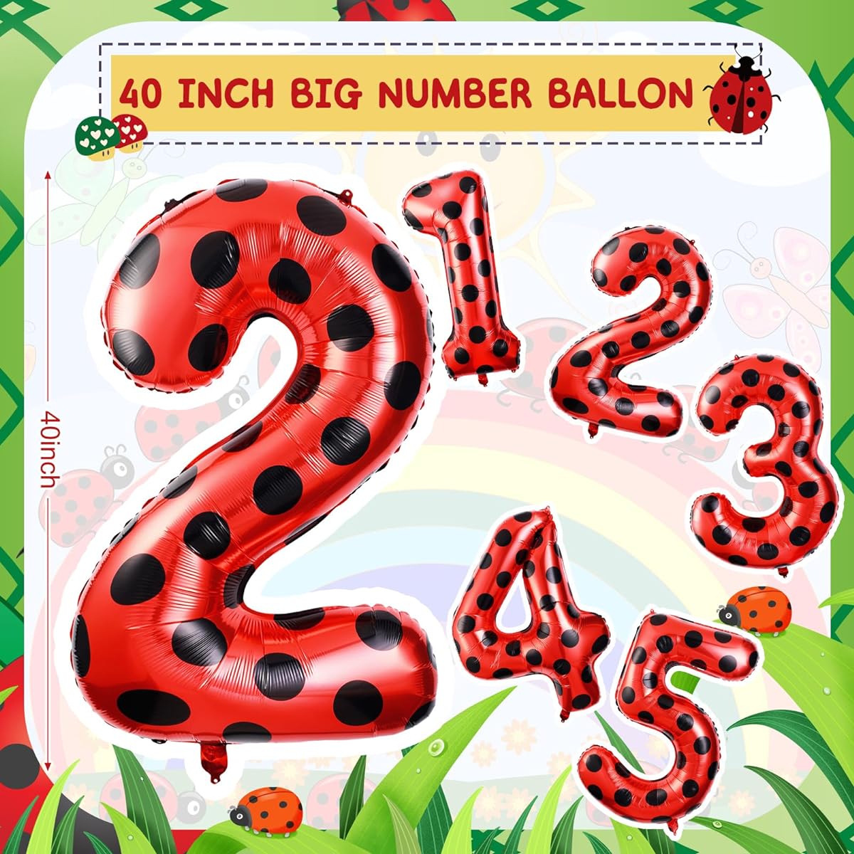 Lunmon 40" Ladybug Large Number 2 Balloons, 40" Ladybug Balloons Birthday Decorations Supplies Black Red Polka Dot Ladybird Dot Ladybug Theme Number Balloons for 2nd Birthday Party Baby Shower