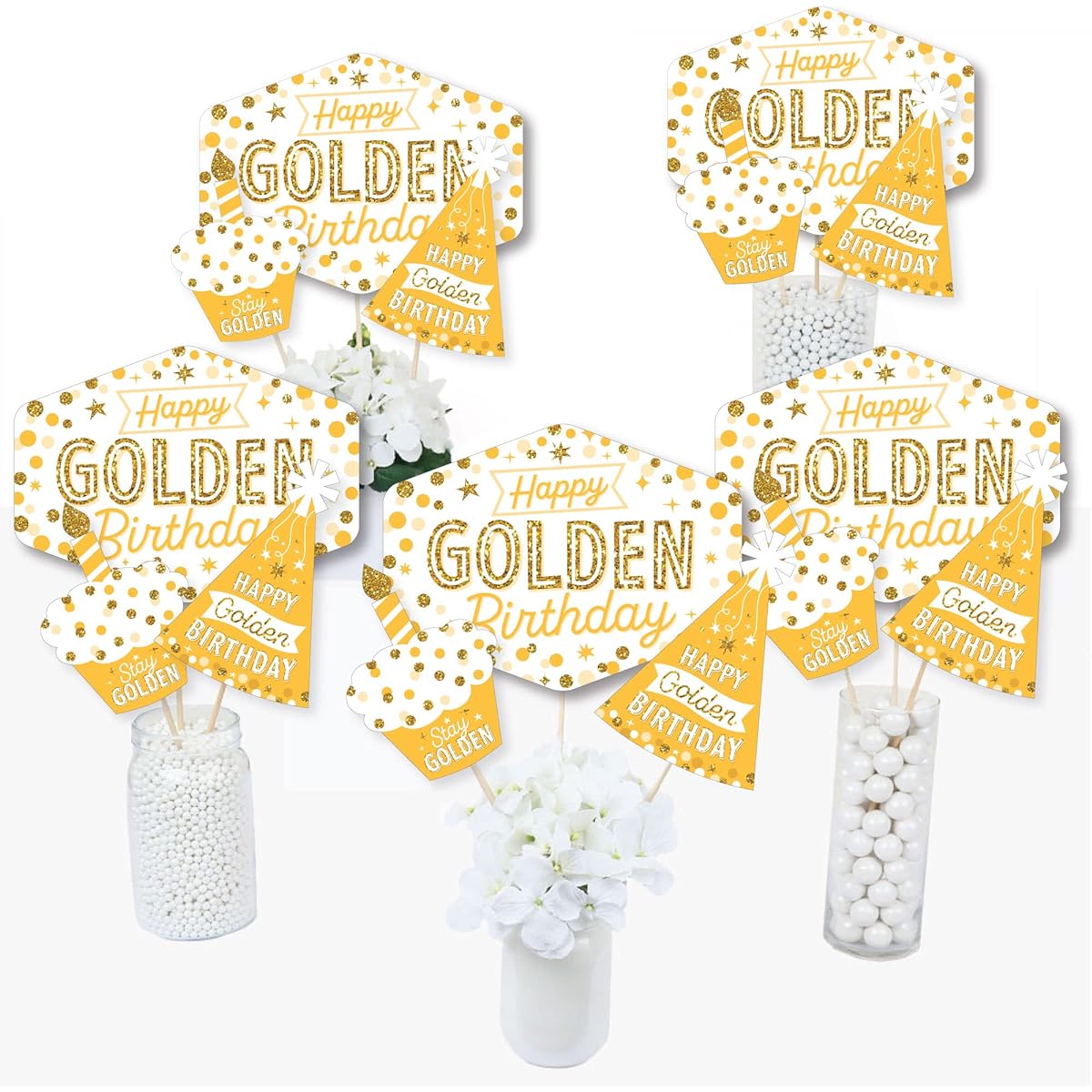 Big Dot of Happiness Golden Birthday Happy Birthday Party Centerpiece Sticks Table Toppers Set of 15