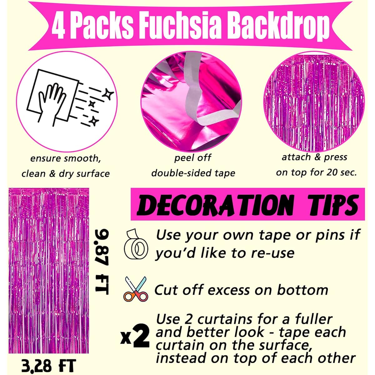 Fuchsia Fringe Curtain Backdrop, Metallic Tinsel Foil Fringe Streamer Curtains, Set of 4, 3.2ft x 9.8ft for Birthday/Wedding/Baby Shower/Halloween/Christmas Party Decoration