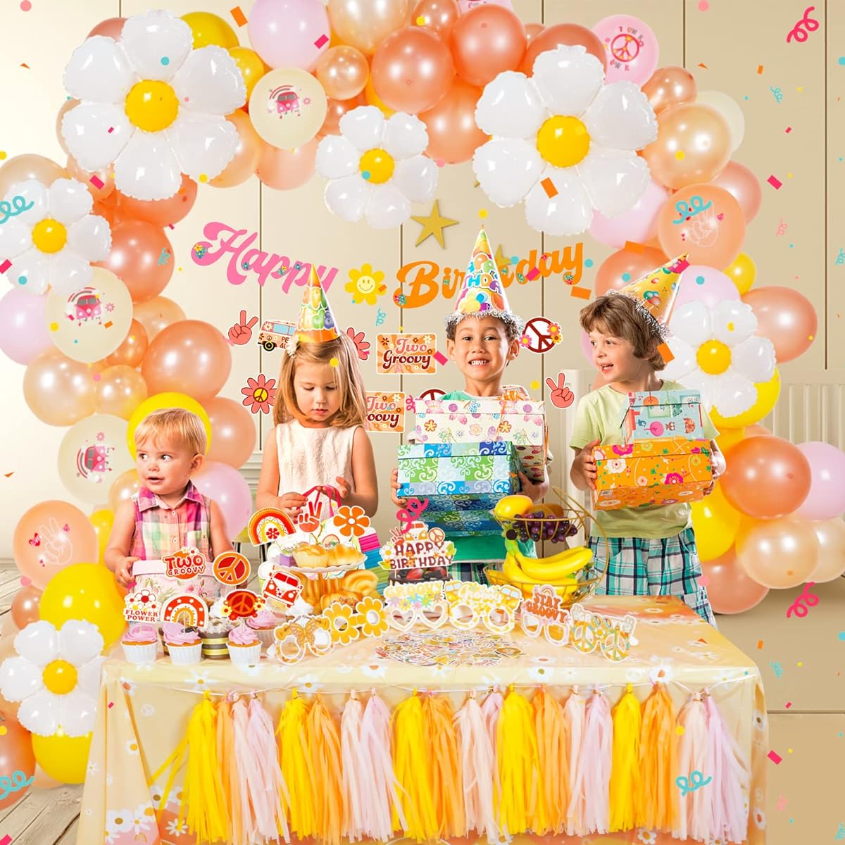 Groovy Birthday Party Decorations Retro Hippie Boho Party Supplies Daisy Fairy Pastel Balloons Garland Arch Kit with Groovy Stickers Glasses Tablecloth for Girls Baby Shower Birthday Party Decorations
