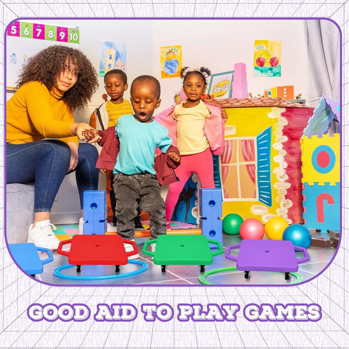 8 Pieces Sports Scooter Board Sitting Scooter Board for Kids Plastic Floor Scooter with Scratch-Free Plastic Casters for Physical Education Home School Play Equipment