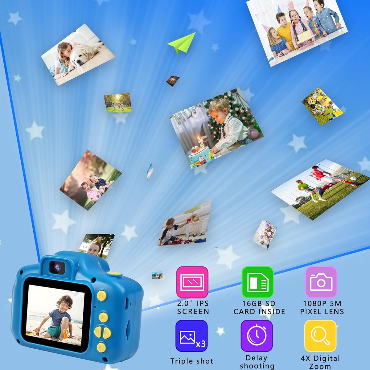 Rindol Kids Selfie Camera Toy for 3 4 5 6 Year Old Boys Portable Digital Camera Toddler Christmas Birthday Gift for 4-8 Year Old Boys with 16GB SD Card Navy Blue