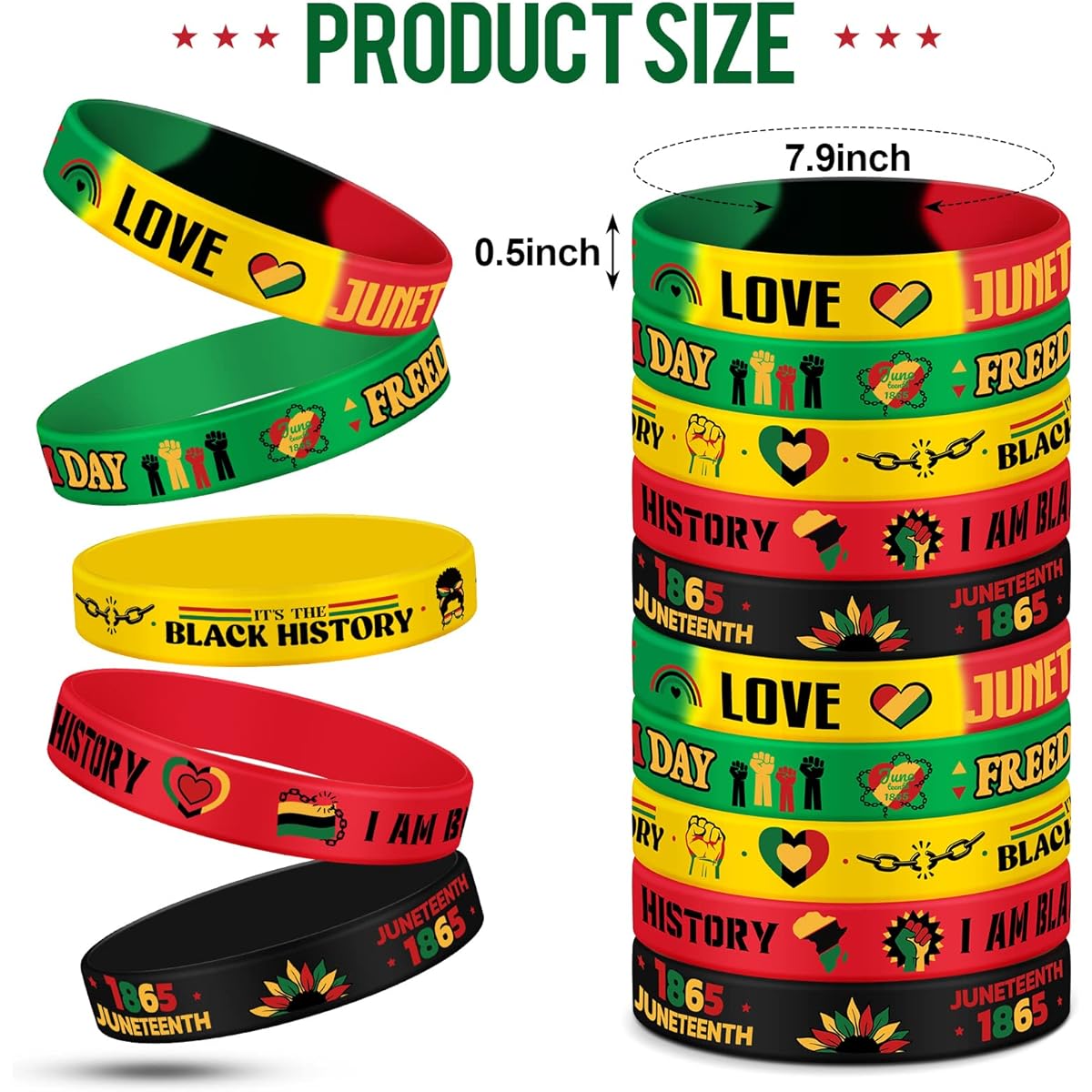 Skylety 120pcs Happy Juneteenth Rubber Bracelet Freedom Day Silicone Wristband June Gift African Afro American Festival Party Favors Independence Day Patriotic Goodie Bag Stuffer, No Jewelry.