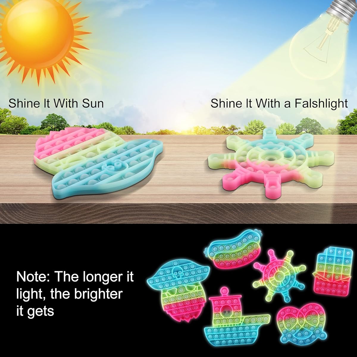 FiGoal 6 Pack Assorted Designs Foam Stress Relief Glow in the Dark Rainbow Fidget Toys for Anxiety Stress Relief Light Up Autism Special Needs Home School Office