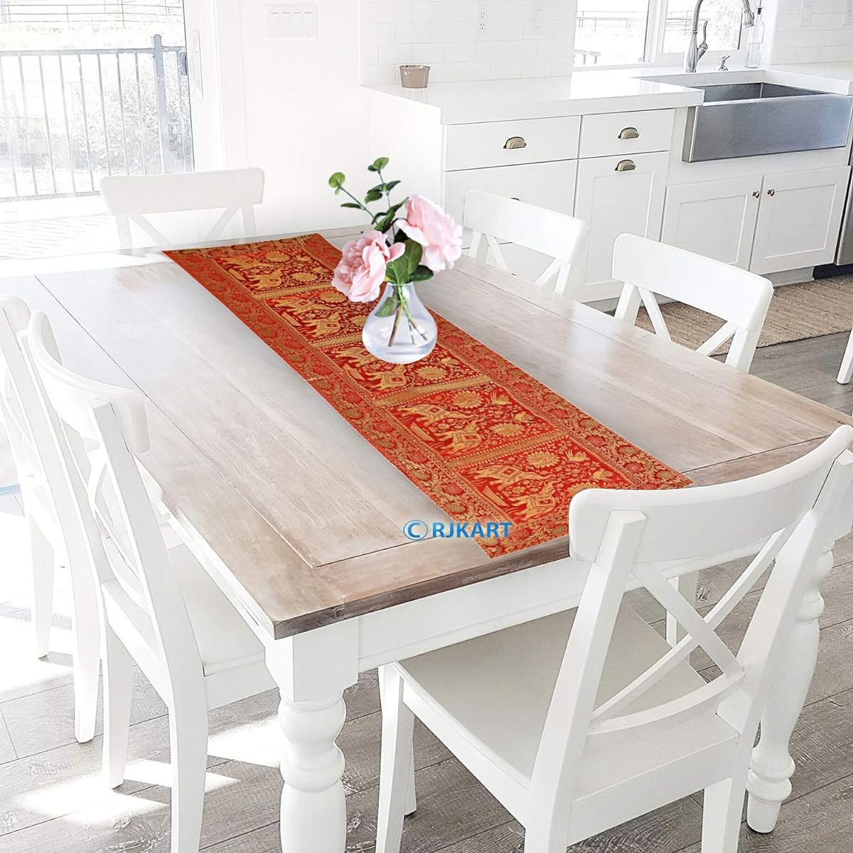 Flyingasedgle Indian Rectangle Hand Art Elephant Banarsi Silk Table Runner 60 x 16 Inch Color Tablecloth (Red)