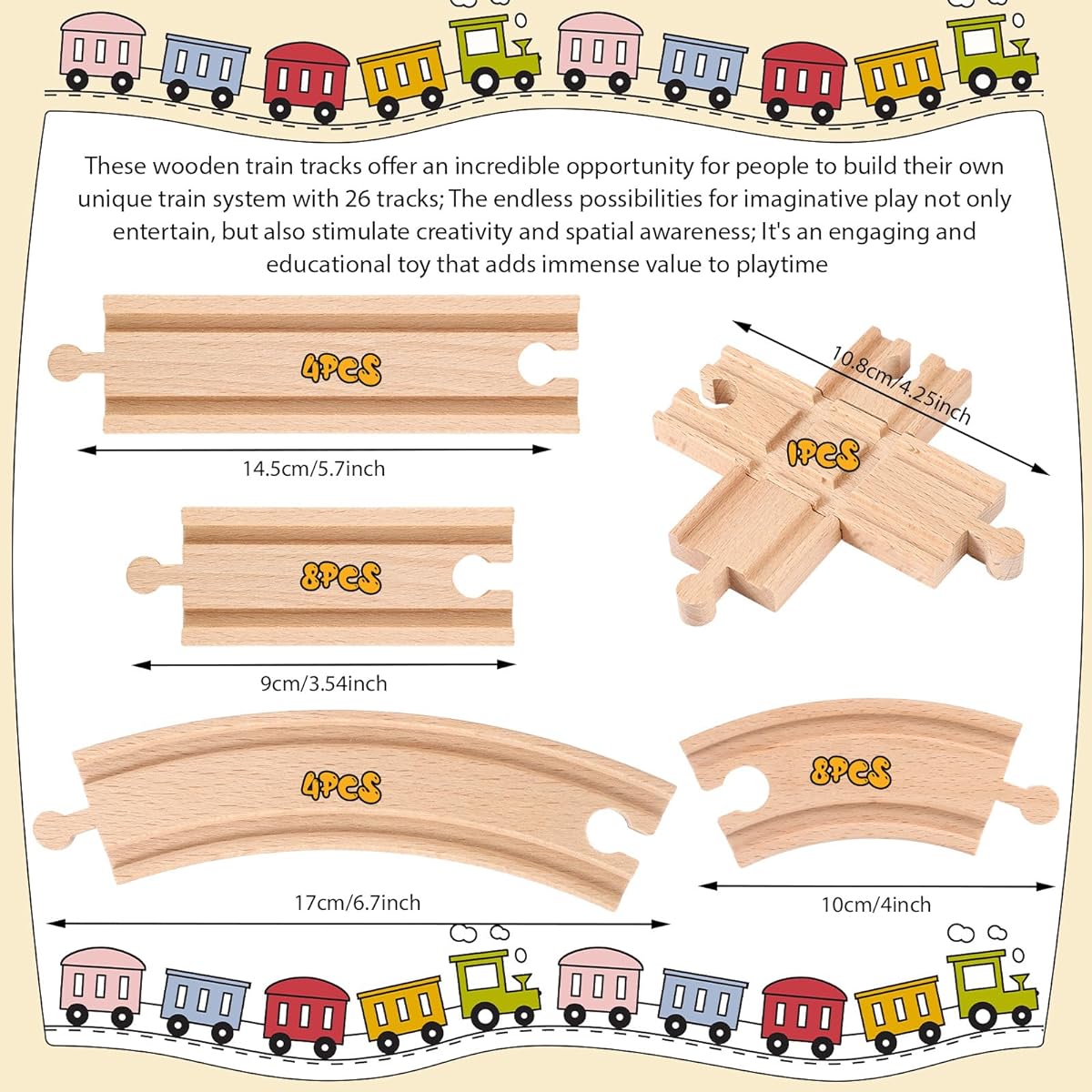 Wenqik 26 Pieces Wooden Train Track Set with Different Track Expansions Wooden Train Tracks Compatible with Most Major Railway Toy Brands